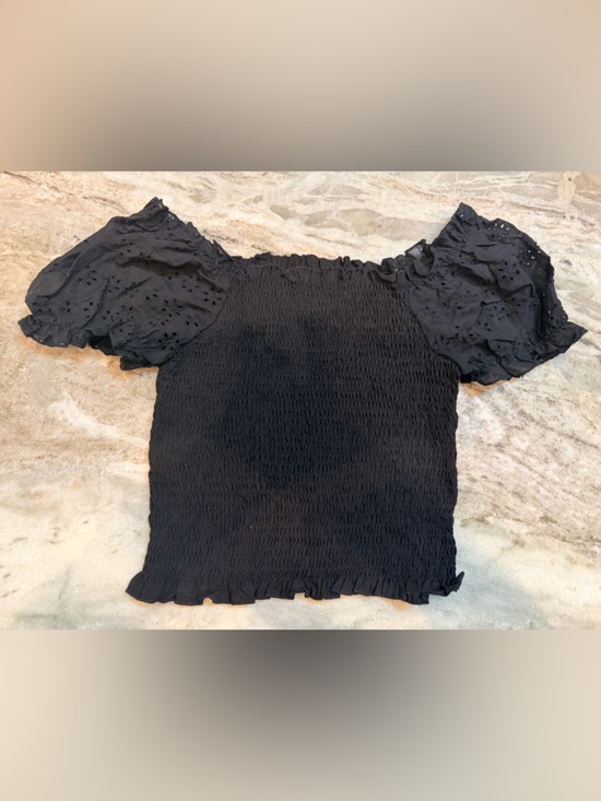 Tops - SHEIN Black Smocked Top Puff Sleeve Eyelet Blouse Womens Medium